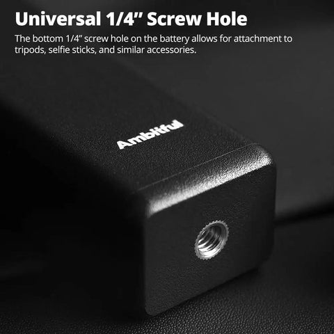 Close-up of universal 1/4" screw hole on Power Bank Grip For Pocket 3 And Pocket 4 Camera With 5000 mAh Battery LED Display