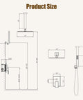 Technical drawing of a 12 Inch Rain Shower Head with Handheld Combo Set, Ceiling Mounted High Pressure Dual Shower System in Chrome Finish