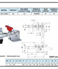 Heavy Duty Quick Release Vertical Toggle Clamp For Metalworking And Welding Tables GH 13007 with design specs diagram