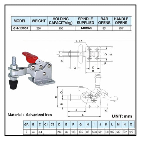 Heavy Duty Quick Release Vertical Toggle Clamp For Metalworking And Welding Tables GH 13007 with design specs diagram