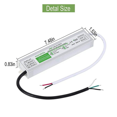 60W Waterproof IP67 LED Power Supply 12V DC Output 5A Transformer Adapter with dimensions shown for indoor outdoor lighting