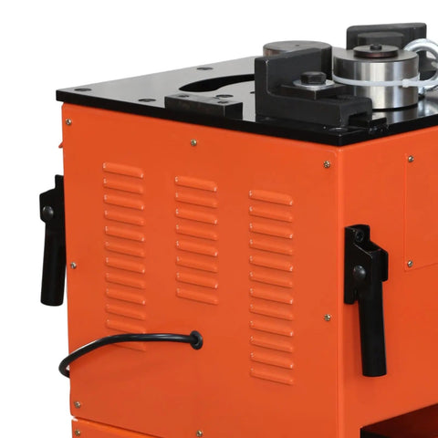 Close-up of 1600W Electric Rebar Bender And Cutter Two In One Steel Bar Tool With Foot Pedal, showcasing metal frame and handles.