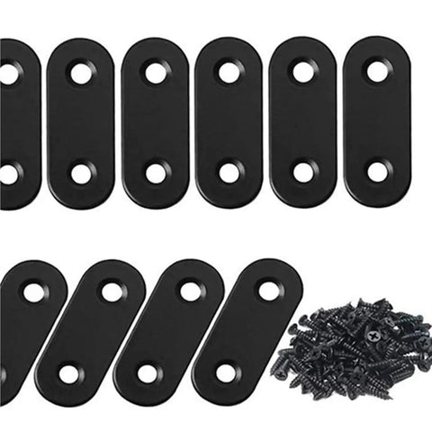 Heavy Duty Steel Mending Plates 80 Pack Straight Corner Braces For Wood Furniture Cabinet Repair Reinforcement Real Deal Diy Hardware Kit With No Sweat Pre Drilled Installation showing black steel plates with screws.