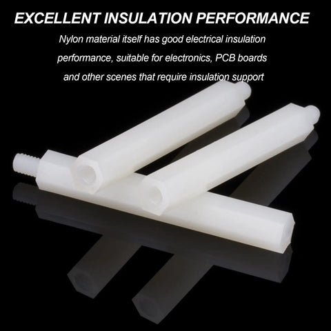 100 Stack M2.5 White Nylon Studs Hex Standoffs For Circuit Board Rig and Electronics Projects Durable Heavy Duty Non Conductive PCB Hardware Slick Finish Solid Gear, showing three standoffs.