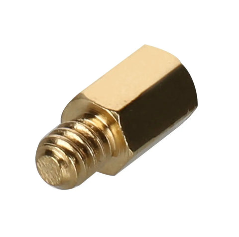 Close-up of Tough 6-32 Solid Brass Motherboard Standoffs used for ATX computer cases, showcasing threaded design and hexagonal shape.