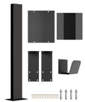 All Weather Rated Outdoor Electric Charger Pedestal Stand parts, including galvanized steel pole, brackets, and hardware, matte black finish.