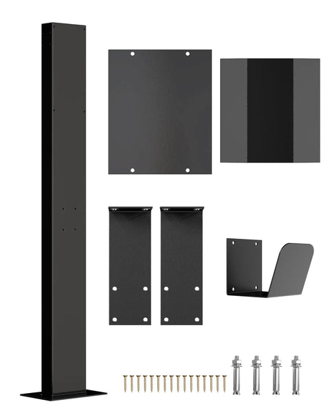 All Weather Rated Outdoor Electric Charger Pedestal Stand parts, including galvanized steel pole, brackets, and hardware, matte black finish.