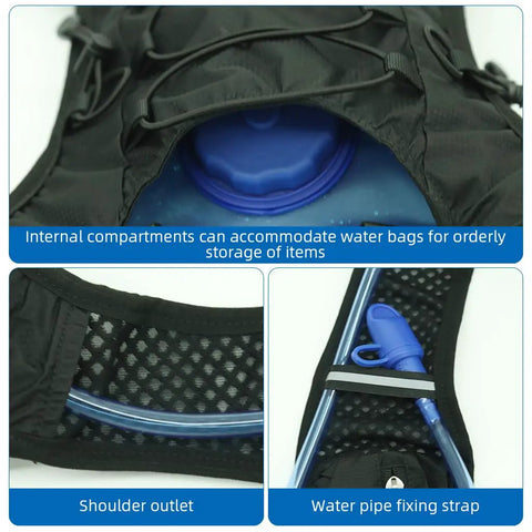 5L Quick Dry Nylon Mesh Hydration Backpack With Multi Pocket Design showing water reservoir and hose detail.