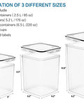Large Tall Airtight Food Storage Set, 10 Pack Plastic Canisters For Your Kitchen And Pantry Organization, With Labels, three sizes shown