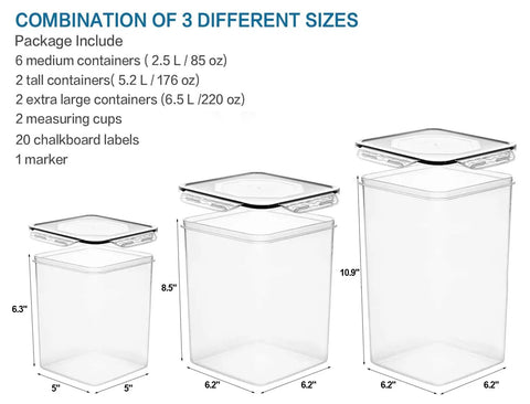 Large Tall Airtight Food Storage Set, 10 Pack Plastic Canisters For Your Kitchen And Pantry Organization, With Labels, three sizes shown