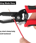 Close-up of 10-22 AWG Wire Stripper Cutter For Home And Pro Use demonstrating cutting a red wire, with alloy steel clamp body.