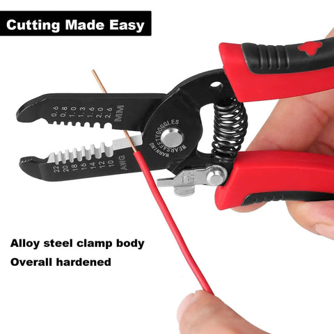 Close-up of 10-22 AWG Wire Stripper Cutter For Home And Pro Use demonstrating cutting a red wire, with alloy steel clamp body.