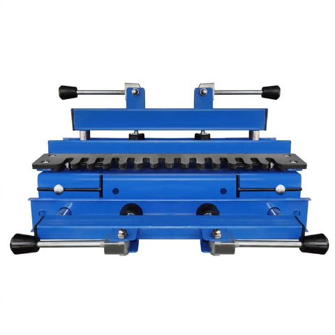 Heavy Duty Woodworking Dovetail Jig With Rock Solid Clamps For Dead On Half Blind Cabinet And Drawer Building Adjustable 12 To 24 Inch Range Zero Wiggle Routing Setup front view with clamps and slots