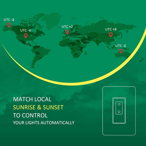 World map with timezone markers and 3 Way Smart Dimmer Switch Kit With Master And Add On WiFi Dimmer for automatic light control.