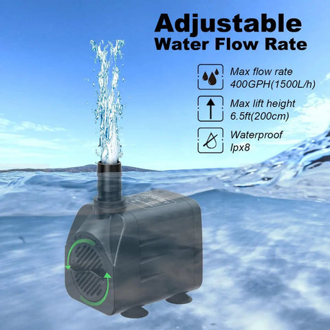 Ultra Quiet 400 GPH Submersible Fountain Pump For Fountains Ponds Aquariums And Hydroponics With Six Feet Power Cord