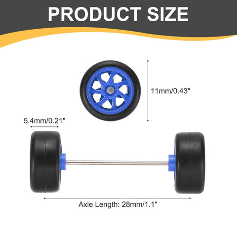 1/64 Scale Wheel And Tire Set With Axles For RC Diecast Cars Real Riders Rims 7-Spoke Blue And Black, size dimensions shown.