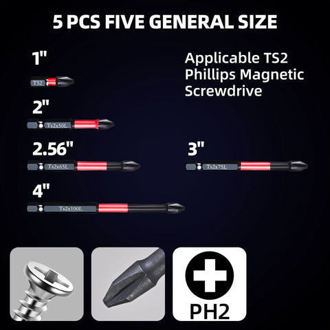 Five magnetic Phillips screwdriver bits with different sizes shown in 1", 2", 2.56", 3", and 4", compatible with TS2.