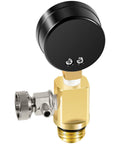 Front view of brass air release valve with black circular cap and side threaded connector for pool filter