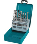 Drill bit set, 18-piece, assorted sizes, in teal plastic case, front view