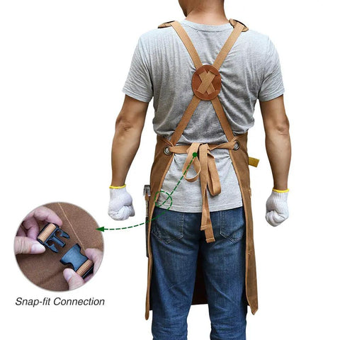 Back view of man wearing Waxed Canvas Woodworking Apron For Men With 9 Tool Pockets Heavy Duty Carpenter Apron Durable Protection Brown