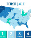 Shipping map of the USA showing delivery days from Detroit and El Paso, labeled with Detroit Axle's logo.