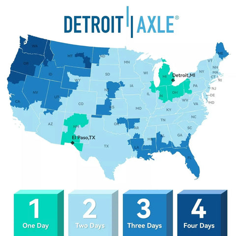 Map of the United States highlighting Detroit Axle shipping zones from Detroit, MI and El Paso, TX with delivery times.