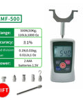 Digital Force Gauge For Push And Pull Strength Testing, 500 Newton, 110 Pound, 50 Kilogram, 1800 Ounce Max Readout, High Accuracy, Portable Lab And Gym Tool For Rehab, Sports Training And DIY Measurements, AMF-500 with attachments