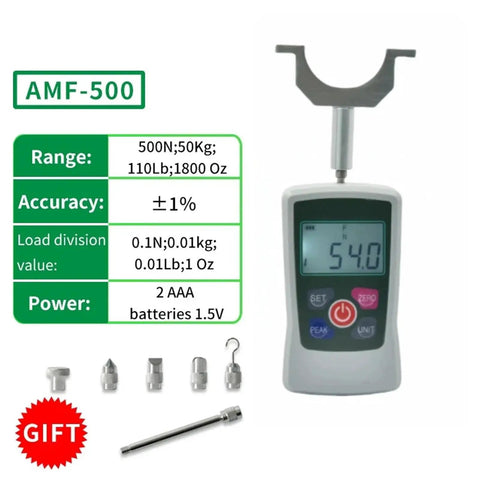 Digital Force Gauge For Push And Pull Strength Testing, 500 Newton, 110 Pound, 50 Kilogram, 1800 Ounce Max Readout, High Accuracy, Portable Lab And Gym Tool For Rehab, Sports Training And DIY Measurements, AMF-500 with attachments