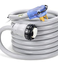 Real Deal 50 Amp RV Generator Extension Cord Nema 14 50P To Twist Lock Receptacle Heavy Duty Pure Copper Wire With Easy Grip Handle LED Power Indicator 100 Feet Long coiled with plugs visible.