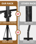 Comparison of upgraded utility trailer tool rack with eight tool holes showing anti-corrosion and robust design versus competitor.