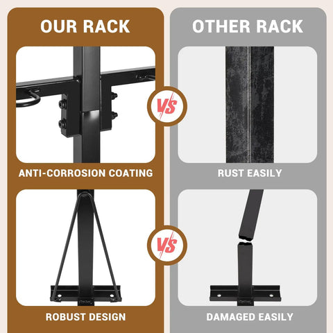 Comparison of upgraded utility trailer tool rack with eight tool holes showing anti-corrosion and robust design versus competitor.