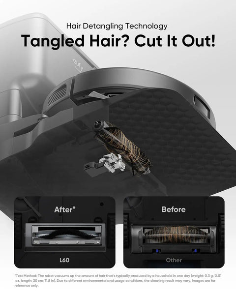Robot Vacuum With Self Empty Station And Hair Detangling Technology For 60 Days Hands Free Cleaning 5000 Pa Suction Removes Hair And Dust For Pet Hair Cleanup displayed with hair removal before and after images.