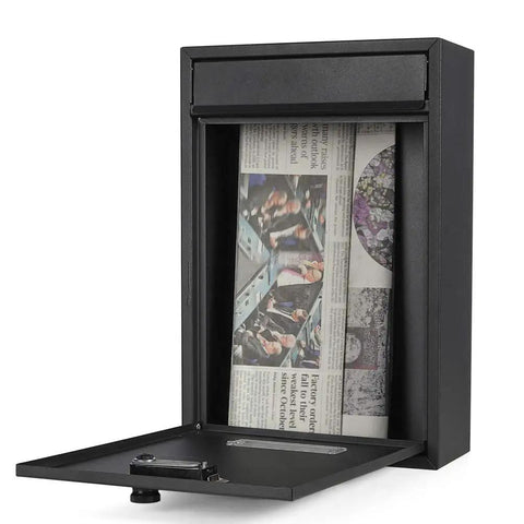Outdoor Wall Mounted Mailbox With 3 Number Combination Lock Heavy Duty Galvanized Steel Design With Transparent Window To See Mail Status Rust Proof Locking Mail Box 12.6 By 8.5 By 3.4 Inches Black open showing newspaper inside.