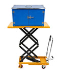 Rock Solid Double Scissor Hydraulic Lift Table Cart 770 Lbs Capacity 51 Inch Lift Height with blue toolbox on top.
