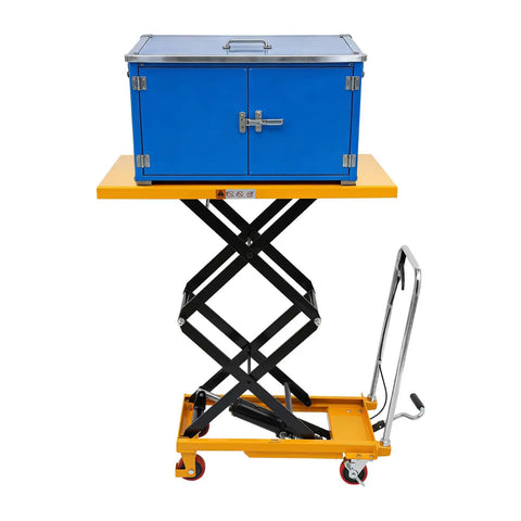 Rock Solid Double Scissor Hydraulic Lift Table Cart 770 Lbs Capacity 51 Inch Lift Height with blue toolbox on top.