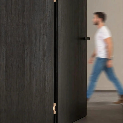 Heavy Duty Hydraulic Buffer Hinge With Invisible Hidden Spring For Automatic Soft Close Silent Operation Built Tough Without The Hassle For Every Interior Or Exterior Door Install on dark wooden door.