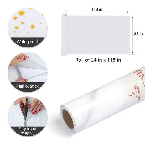 White Marble Contact Paper Peel And Stick For Countertops Waterproof Self Adhesive Marble Wallpaper For Kitchen Counters Desks Cabinets And Furniture 24 Inch Wide By 118 Inch Long Large Roll DIY Upgrade, showing waterproof and peel and stick features.