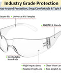 Industry grade ANSI Z87.1 certified clear safety glasses with wraparound lenses and snug fit, 10 pack for lab and construction use