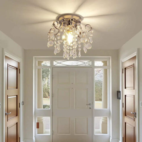 Small Crystal Chandelier Flush Mount Modern Mini Ceiling Light Fixture For Hallway Entryway Bedroom Bathroom Closet Chrome Metal With K9 Crystal Sparkling Finish And Super Easy Assembly installed in an entryway.