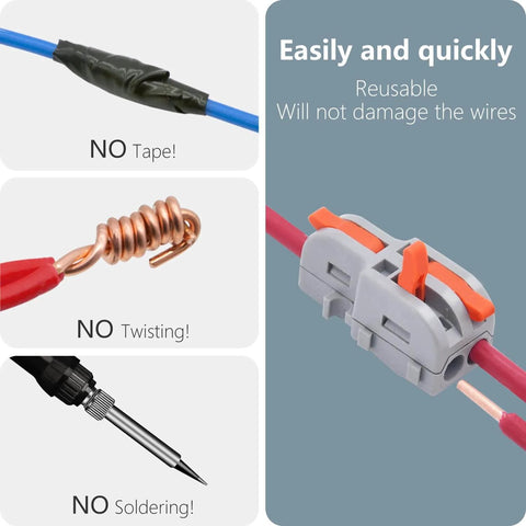 20 Piece Lever Wire Connectors Set 1 In 2 Out Quick Wiring Mini Splicing Docking Terminal Block Electrical Connectors For 24 12 AWG Wires Tap Into Stripped Cables In Seconds image showcasing wiring without tape or twisting.