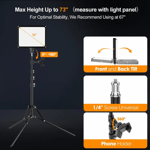 LED Video Light Kit With Phone Holder And Barndoor, 73 inch tall tripod with adjustable light panel and phone holder
