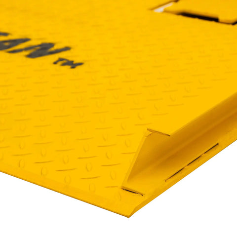 Built Tough Steel Dock Board 60 X 72 Inch 16000 Lb Rated Capacity Forklift Transfer Plate edge detail with raised surface.