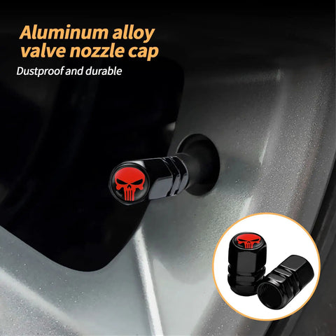 Close-up of red skull tire valve stem cap on car, Skull Tire Valve Stem Caps Pack of 4 Dope Airtight Dustproof Covers
