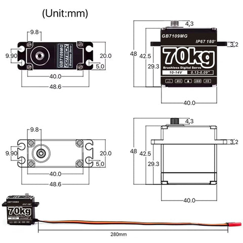 Diagram of Beefy 70Kg Brushless Digital Steering Servo For RC Cars Boats And Robots 14V High Torque Metal Gear Waterproof 270 Degree