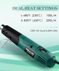 Mini Heat Gun For Crafting With Dual 480F And 850F Temperatures, Fast Heat Up, 6.6 Ft UL Cord, shown with dual heat settings