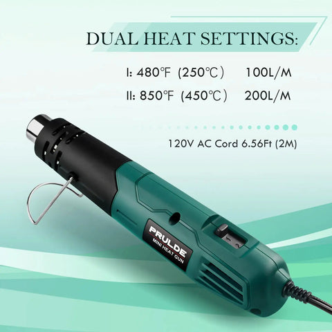 Mini Heat Gun For Crafting With Dual 480F And 850F Temperatures, Fast Heat Up, 6.6 Ft UL Cord, shown with dual heat settings