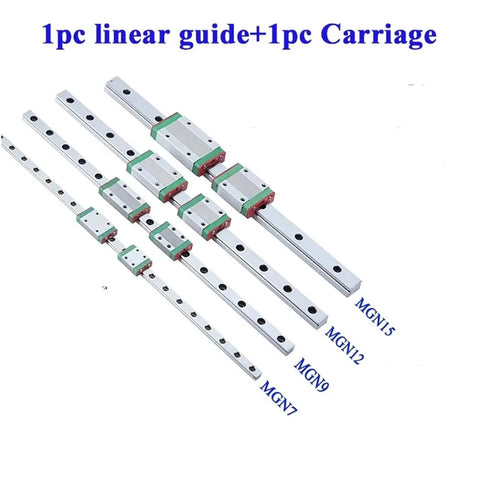 Premium MGN9H Linear Guide Rail Slide Block With Precision Miniature Motion System In 40 To 550mm Sizes For High Performance CNC and DIY Projects That Rock. Image shows multiple rail sizes with carriages.