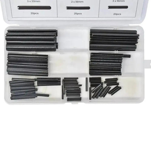 Roll Pin Set With 120 Pieces Elastic Cylindrical Cotter Pins In Carbon Steel Hollow Slotted Spring Pin Positioning Assortment Kit For Replacement And Automotive And DIY Projects, assorted sizes in plastic case