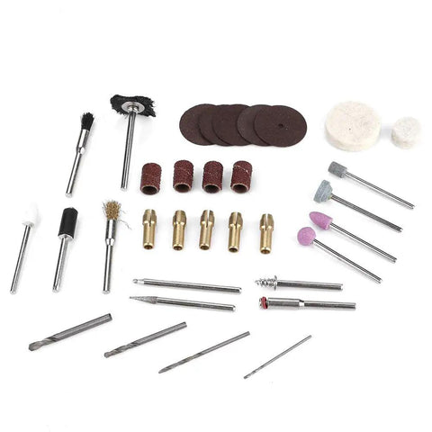 All-Purpose Electric Rotary Tool Kit for Polishing and Grinding, 34-Piece Set with brushes and grinding heads displayed on a white background