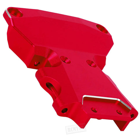 Red alloy CNC machined aluminum front bulkhead for one tenth scale Slash 4X4 Ultimate Rally brushless RC car.
